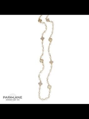 Park Lane Cece Pearl Quatrefoil Long Necklace Gold Tone Crystal NWT